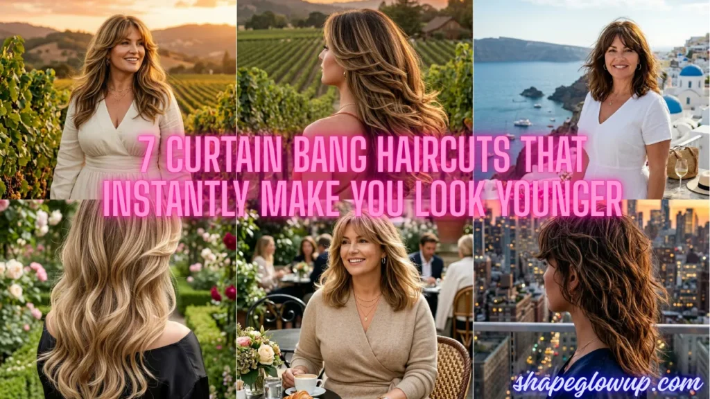 A collage featuring various youthful hairstyles from the guide 7 Curtain Bang Haircuts That Instantly Make You Look Younger.