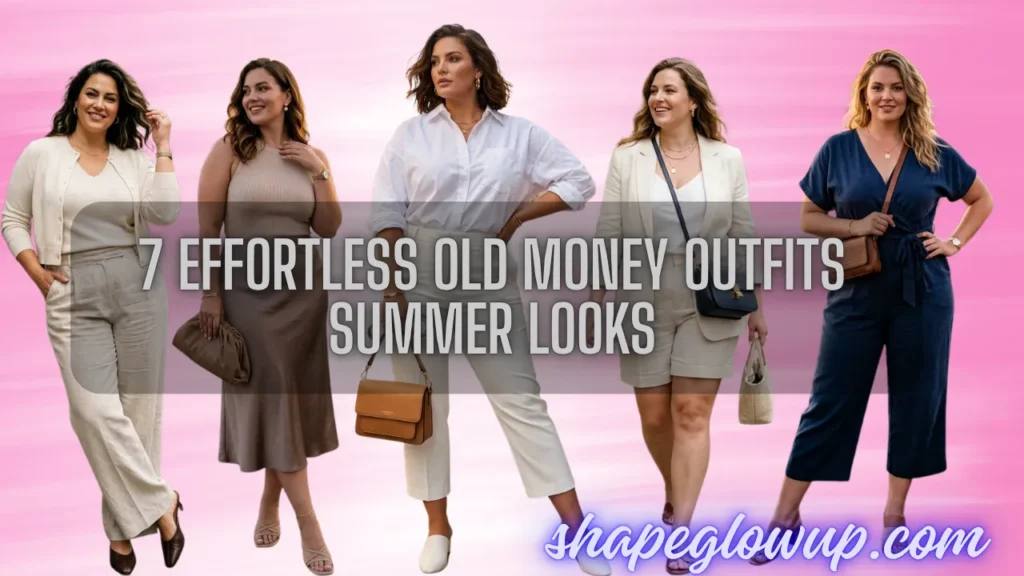 Banner for "7 Effortless Old Money Outfits Summer Looks" from shapeglowup.com. Five plus-size models showcase elegant, minimalist summer outfits in neutral tones, including linen pants with a cardigan, a beige midi dress, a white button-down with cropped trousers, a blazer and shorts set, and a navy jumpsuit against a pink background.