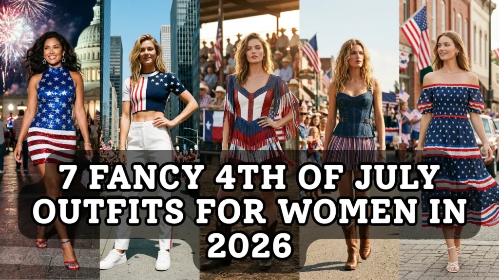 A fashion collage showcasing dressy patriotic looks from the article "7 Fancy 4th of July Outfits for Women in 2026 – Dressy Patriotic Looks for the 250th Celebration."
