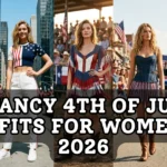 A fashion collage showcasing dressy patriotic looks from the article "7 Fancy 4th of July Outfits for Women in 2026 – Dressy Patriotic Looks for the 250th Celebration."