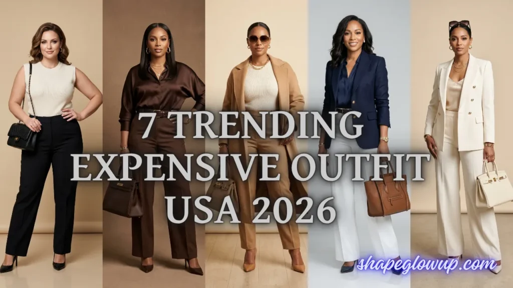 A high-end fashion collage banner showcasing the top 7 Trending Expensive Outfit USA 2026 Looks (That Actually Look High-End!).
