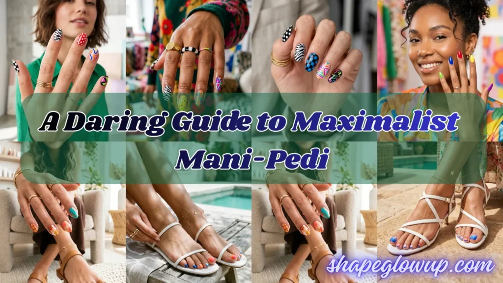 A collage of eight vibrant photos showcasing maximalist manicures and pedicures. The images feature diverse women displaying eclectic nail art, including zebra stripes, polka dots, checkerboard patterns, and bright "Skittle" colors. Centered text reads "A Daring Guide to Maximalist Mani-Pedi" over a green translucent banner.