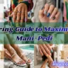 A collage of eight vibrant photos showcasing maximalist manicures and pedicures. The images feature diverse women displaying eclectic nail art, including zebra stripes, polka dots, checkerboard patterns, and bright "Skittle" colors. Centered text reads "A Daring Guide to Maximalist Mani-Pedi" over a green translucent banner.