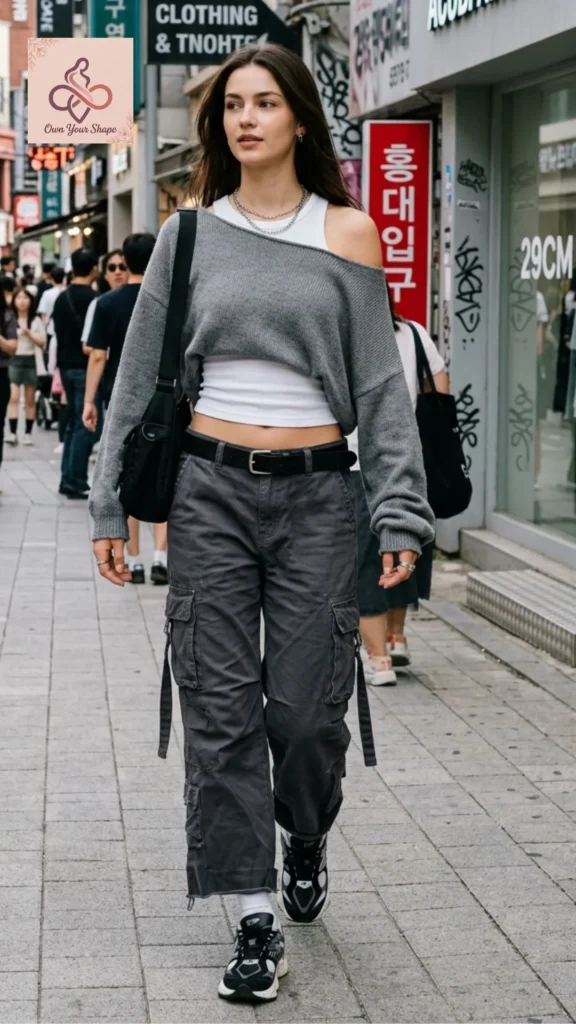 A woman walking down a city street wearing a gray off-the-shoulder sweater and cargo pants representing 2026 Korean Fashion is HERE: 5 Must-Wear Trends You Need to Try.