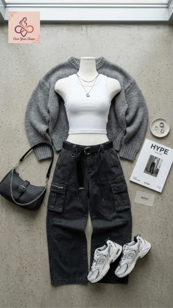 A flat lay display of an edgy street style look with cargo pants and a knit sweater for 2026 Korean Fashion is HERE: 5 Must-Wear Trends You Need to Try.