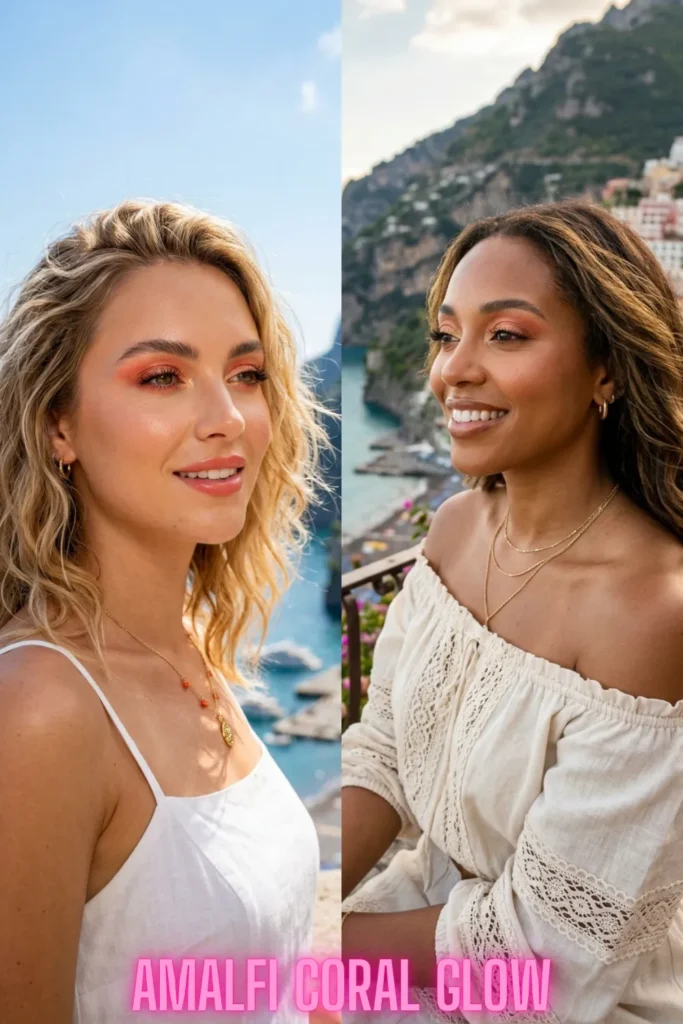 Two women wearing Amalfi coral eyeshadow, part of a guide to brighten your look with 7 colorful eye makeup ideas that pop.