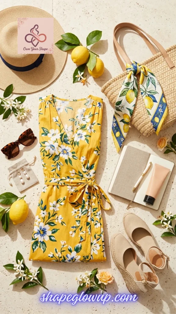 A flatlay of a yellow floral wrap dress and accessories from the 5 Summer Vacation Outfit Ideas That Will Break the Internet collection.