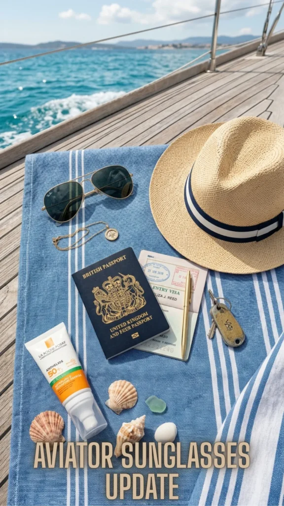 Nautical travel flat-lay featuring classic wire-frame aviator sunglasses from the Upgrade Your Summer Style – 10 Best Summer Sunglasses 2026 guide.