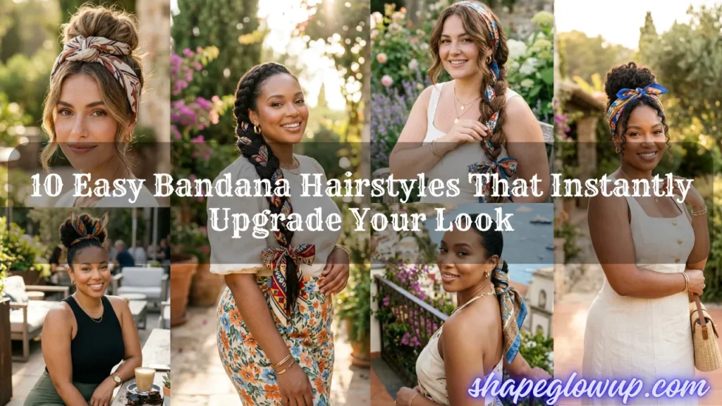 Collage of diverse women showcasing easy bandana hairstyles, including high messy buns, side braids, low ponytails, and top knot wraps. Overlay text reads '10 Easy Bandana Hairstyles That Instantly Upgrade Your Look' with the shapeglowup.com watermark.