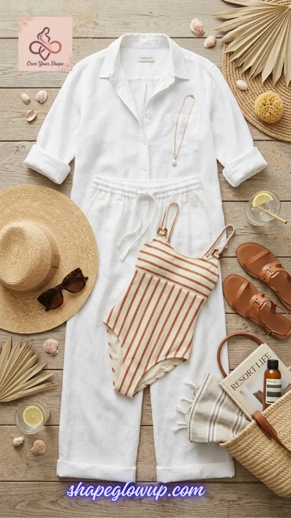 Beach style flat lay with a striped swimsuit, white linen pants, and a straw hat for White & Effortless: 5 Key Pieces, 10 Fabulous 4th of July Looks.