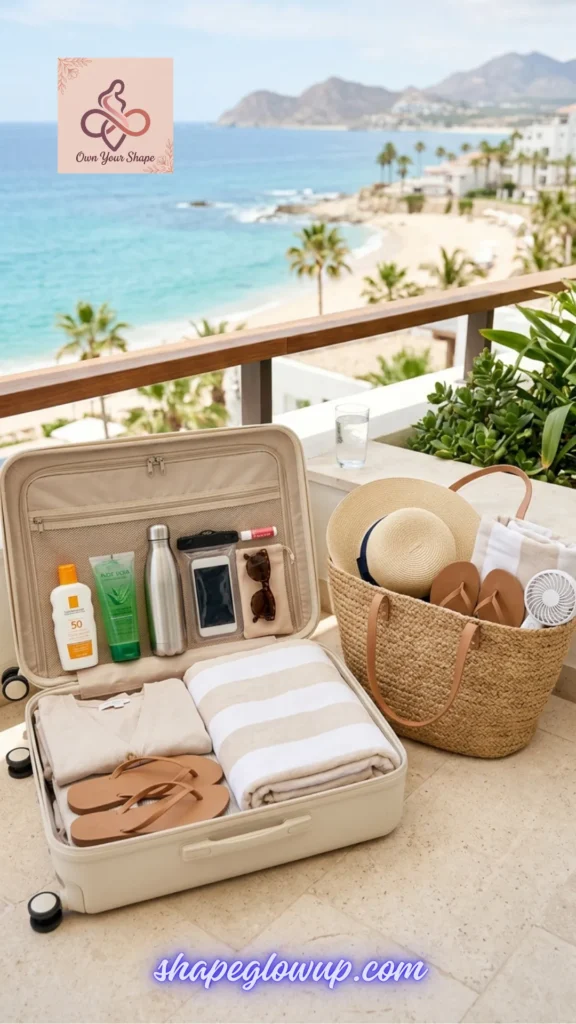 Beach Vacation Packing Hacks – Pack Smarter, Not Harder! A carry-on suitcase lined with sunscreens, a water bottle, and sunglasses alongside a woven tote bag filled with beach essentials on a balcony overlooking the ocean.