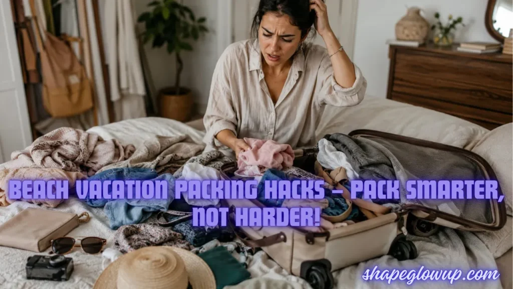 Beach Vacation Packing Hacks – Pack Smarter, Not Harder! A stressed woman sitting on a bed surrounded by messy piles of clothes, struggling to pack an overflowing suitcase for a trip.