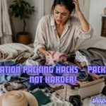 Beach Vacation Packing Hacks – Pack Smarter, Not Harder! A stressed woman sitting on a bed surrounded by messy piles of clothes, struggling to pack an overflowing suitcase for a trip.