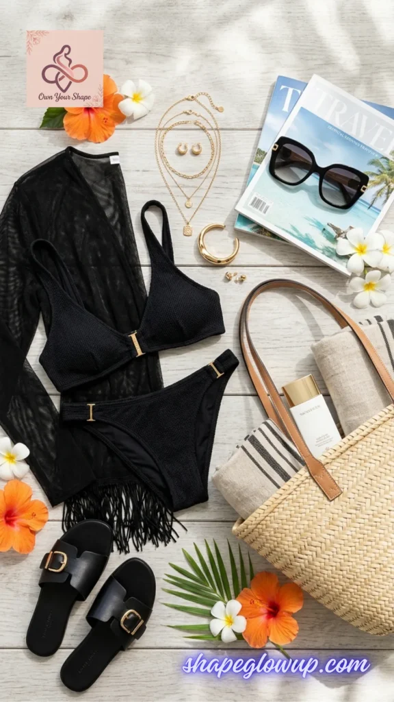 Chic flat lay of a Black Designer Bikini - flat lay with black accessories for Viral Beach Looks ☀️ 7 Trending Beach Outfits 2026 You Need to Buy.