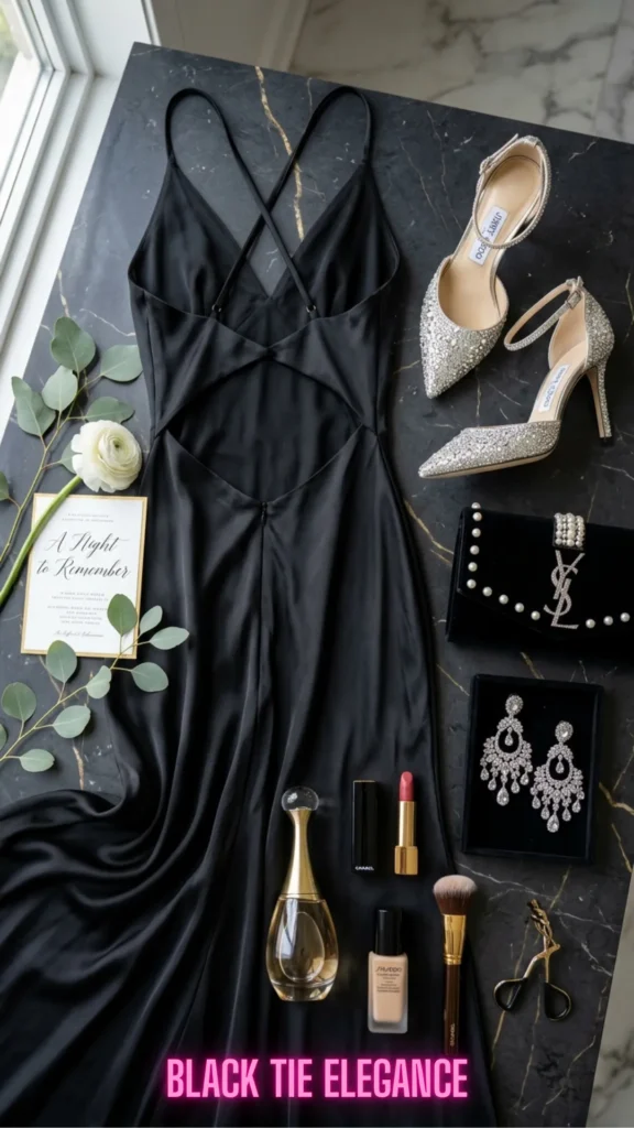 Luxury formal black backless gown flat lay inspired by 10 Open-Back Dresses That Are Turning Heads in 2026: Elegant Styles You'll Want to Wear Everywhere.