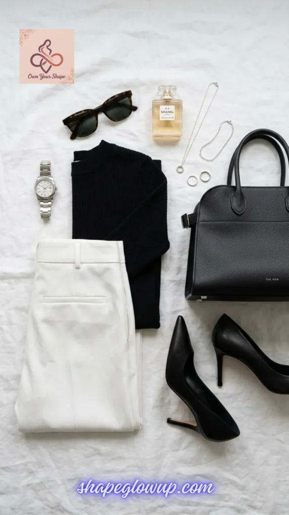A timeless black and white capsule outfit flat lay featuring elements of 7 Trending Expensive Outfit USA 2026 Looks (That Actually Look High-End!).