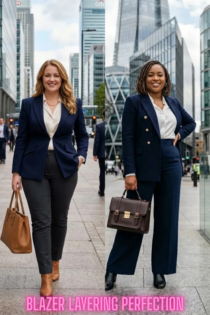 Women wearing structured navy blazers for professional fashion inspiration from You Don't Have to Hide Your Tummy: 10 Ways to Dress It Beautifully.
