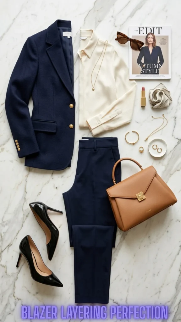 A structured navy blazer and trousers business outfit layout for You Don't Have to Hide Your Tummy: 10 Ways to Dress It Beautifully.