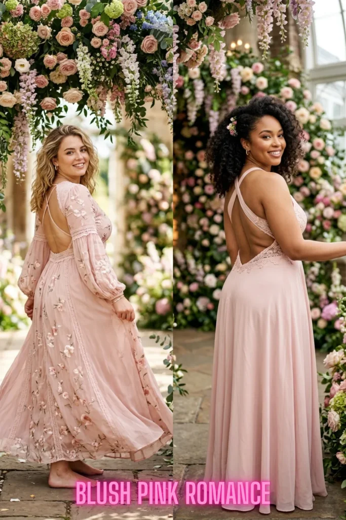 Soft pastel pink romantic gowns from 10 Open-Back Dresses That Are Turning Heads in 2026: Elegant Styles You'll Want to Wear Everywhere.