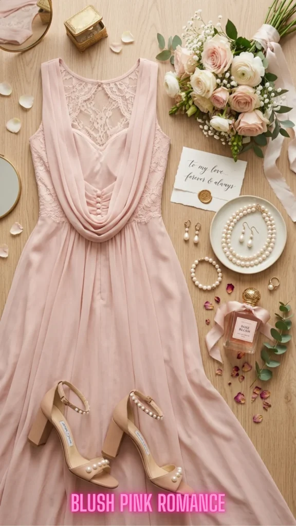 Pastel pink lace gown flat lay layout featured in 10 Open-Back Dresses That Are Turning Heads in 2026: Elegant Styles You'll Want to Wear Everywhere.