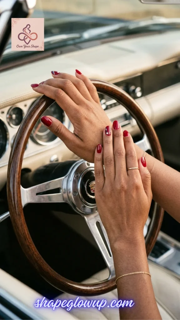 Red glossy manicure with subtle white star accent nails on a vintage car steering wheel, part of 10 Stunning 4th of July Nail Arts to Try This Year!