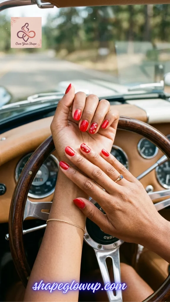 Vibrant red almond nails with minimalist gold star foil details on a classic car wooden steering wheel, from 10 Stunning 4th of July Nail Arts to Try This Year!
