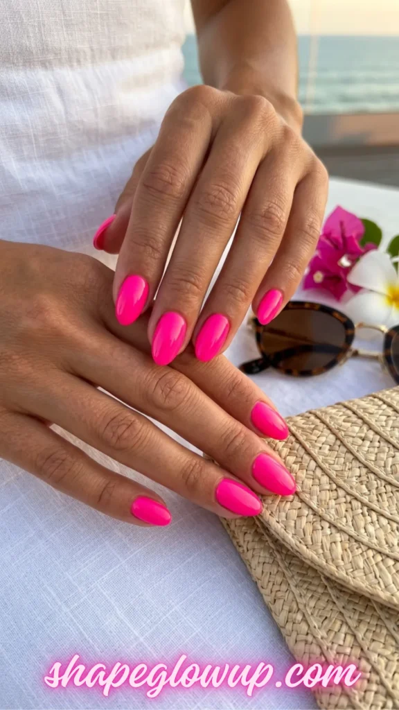 A close-up view of a woman's hands showing off a vibrant neon pink manicure on short, rounded nails. She is wearing a white linen fabric dress, and her hands rest near a woven straw clutch bag, tortoiseshell sunglasses, and tropical bougainvillea flowers.