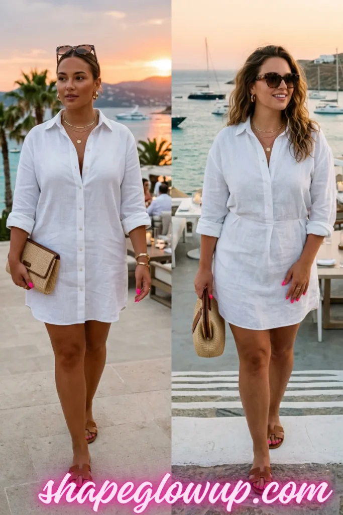 A side-by-side view of a woman wearing a chic vacation outfit at sunset by the sea. She is wearing a white linen shirt dress with rolled-up sleeves, paired with brown leather slide sandals and a woven clutch bag. Her bright neon pink nail polish stands out as a bold pop of color against the neutral dress.
