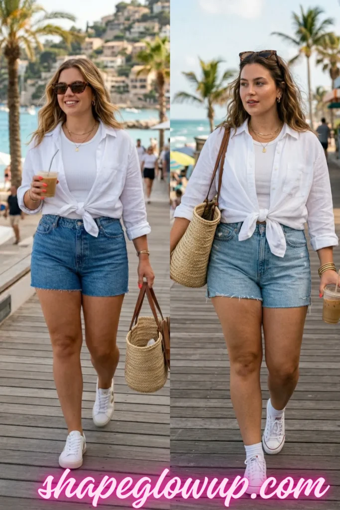 A side-by-side view of a curvy woman walking along a beach boardwalk in a stylish summer outfit. She is wearing high-waisted denim shorts, a white top layered under a knotted white linen button-down shirt, white sneakers, and tortoiseshell sunglasses while carrying a straw tote bag.