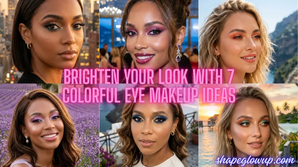 A vibrant collage showcasing bold eyeshadow looks from the guide Brighten Your Look with 7 Colorful Eye Makeup Ideas That Pop.