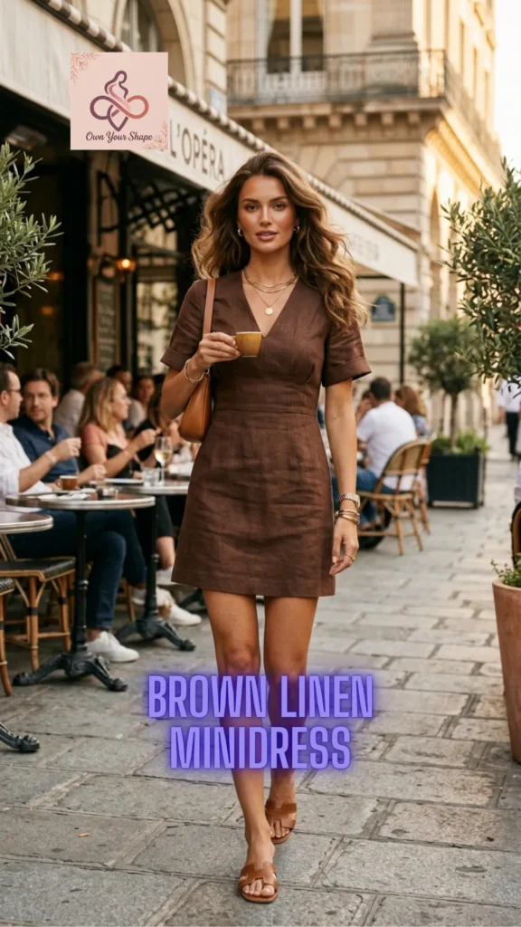 A woman walking down a European street modeling a chic brown minidress from the 5 Gorgeous Linen Outfits That Make You Glow in 2026 collection.