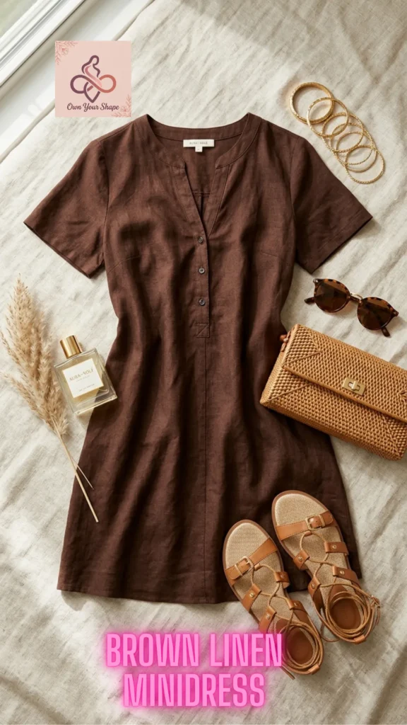 A flat lay showcasing a brown short-sleeved minidress as part of the 5 Gorgeous Linen Outfits That Make You Glow in 2026 trend.