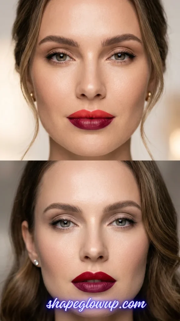 A vertical split close-up image showcasing two bold two-toned lipstick variations on the same model with neutral eye makeup. In the top photo, her hair is tied back in an updo, featuring a bright tomato-red top lip and a deep burgundy bottom lip. In the bottom photo, her hair is styled down in loose waves, showcasing a bright crimson top lip paired with a dark plum bottom lip. A text watermark at the bottom reads "shapeglowup.com".