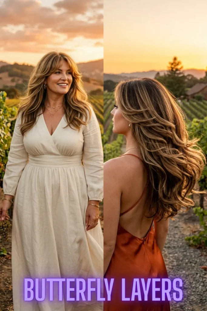 A woman flaunting bouncy butterfly layers from the 7 curtain bang haircuts that instantly make you look younger guide.