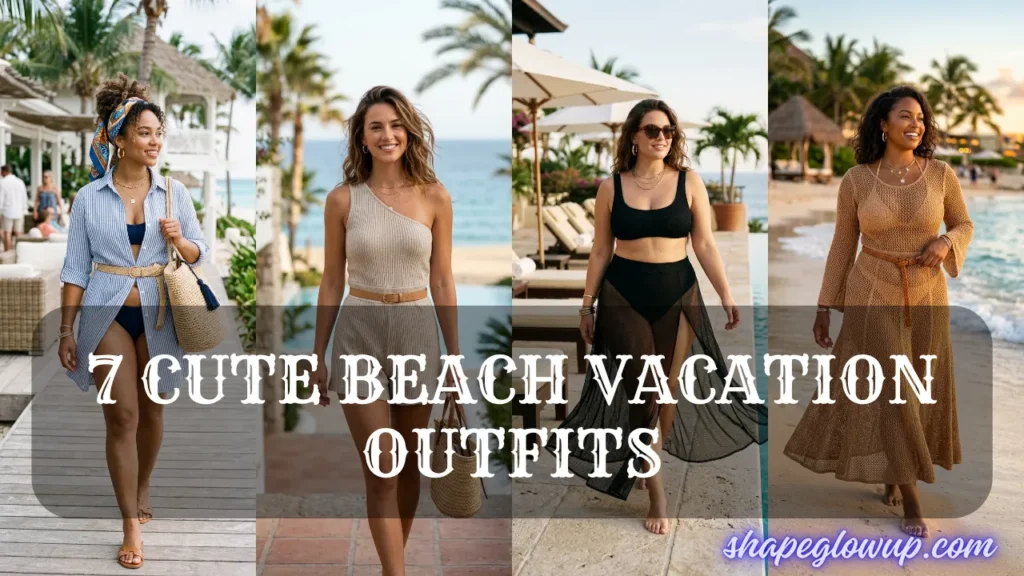 Four women modeling trendy beach vacation outfits, including a striped shirt dress, a one-shoulder romper, a high-waisted bikini with a mesh skirt, and a tan crochet cover-up dress at a tropical resort. Text overlay: "7 CUTE BEACH VACATION OUTFITS."