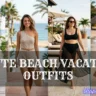 Four women modeling trendy beach vacation outfits, including a striped shirt dress, a one-shoulder romper, a high-waisted bikini with a mesh skirt, and a tan crochet cover-up dress at a tropical resort. Text overlay: "7 CUTE BEACH VACATION OUTFITS."