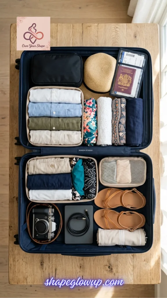 Beach Vacation Packing Hacks – Pack Smarter, Not Harder! A double-sided navy blue suitcase fully packed for a carry-on only trip with clothing organized into cubes, travel documents, and a vintage camera.