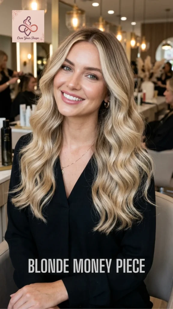 Close-up of a woman with Champagne Blonde Money Piece Hair, inspired by 7 Luxury Blonde Hairstyles in 2026 for the Ultimate Glow Up.