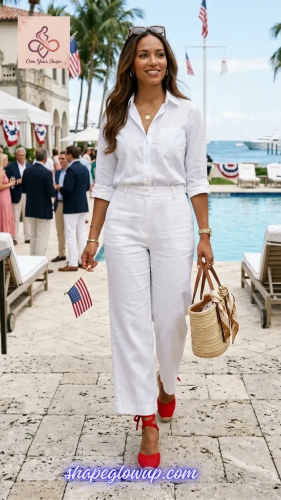 A woman in an all-white linen outfit and red espadrilles holding an American flag for White & Effortless: 5 Key Pieces, 10 Fabulous 4th of July Looks.