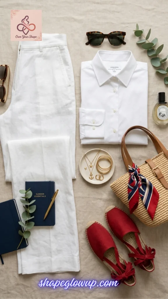 Sophisticated white linen shirt and trousers flat lay with red espadrilles highlighting White & Effortless: 5 Key Pieces, 10 Fabulous 4th of July Looks.