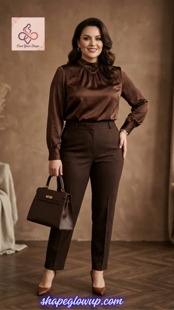 A rich monochrome brown silk and trouser outfit illustrating 7 Trending Expensive Outfit USA 2026 Looks (That Actually Look High-End!).