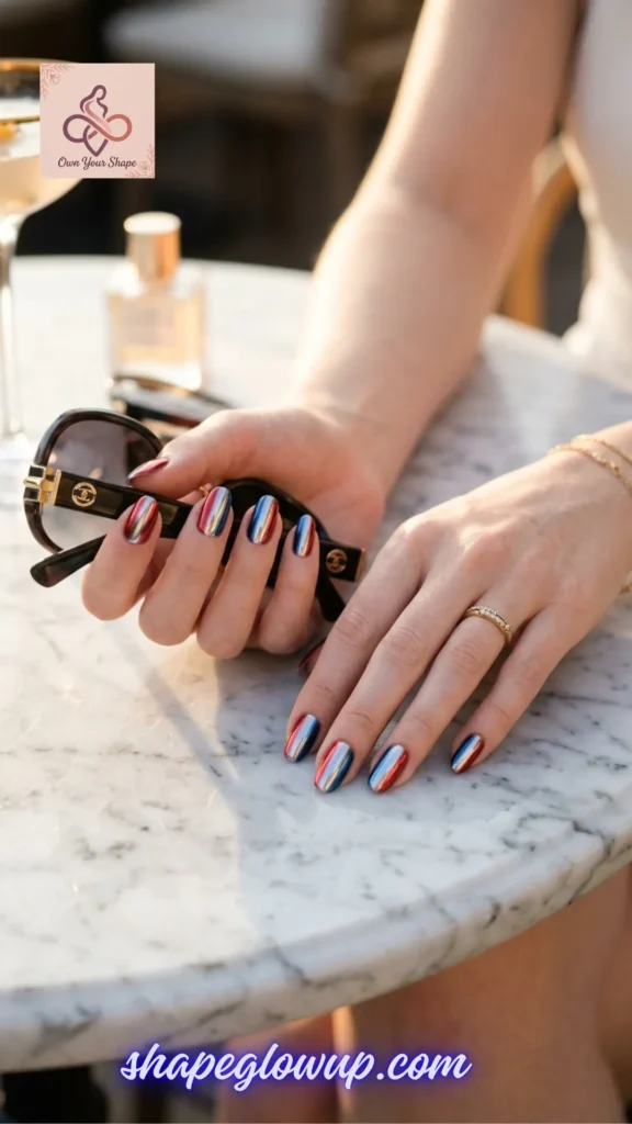 Striking red, silver, and blue metallic chrome striped manicure resting on a marble table, a futuristic idea from 10 Stunning 4th of July Nail Arts to Try This Year!