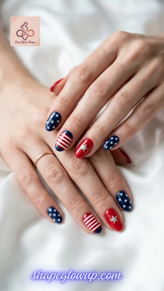 Traditional American flag-inspired red, white, and blue stars and stripes nail art design from 10 Stunning 4th of July Nail Arts to Try This Year!