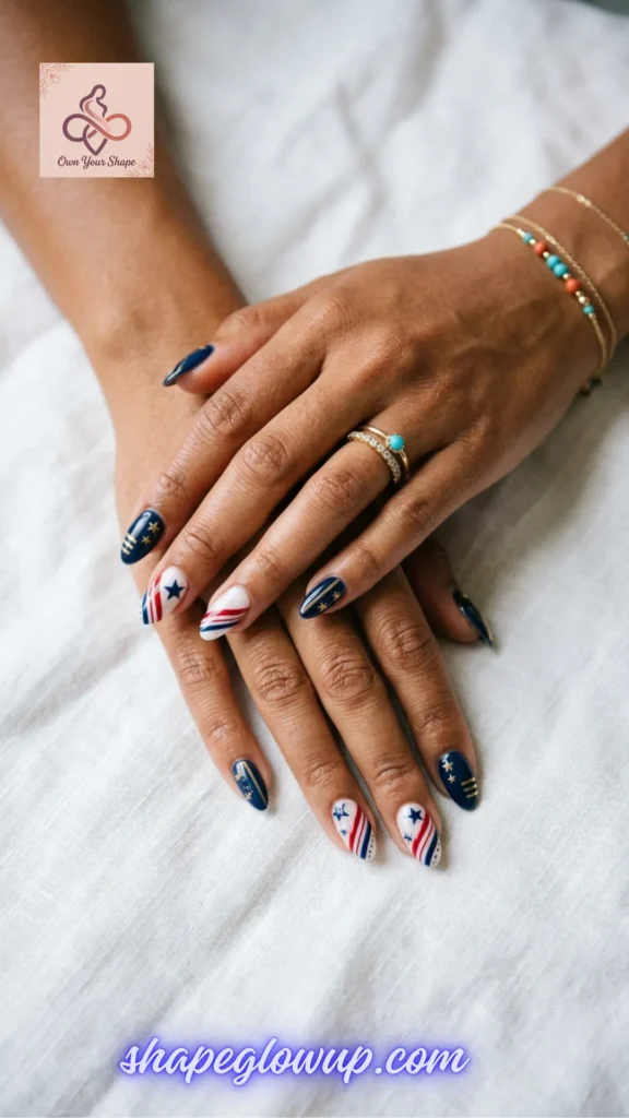 Elegant white, navy, and gold abstract star manicure on a deep skin tone, a beautiful pick from 10 Stunning 4th of July Nail Arts to Try This Year!