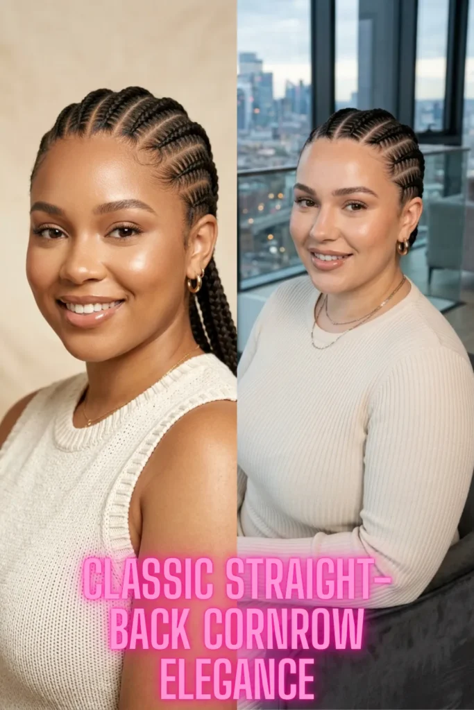 Two women showcasing neat, classic straight-back braids, a timeless option from the 5 Braided Cornrow Hairstyles That Are Pure Hair Goals list.