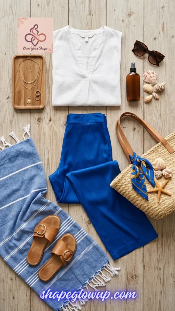Flatlay of a white top and blue silk pants from the 5 Summer Vacation Outfit Ideas That Will Break the Internet style guide.