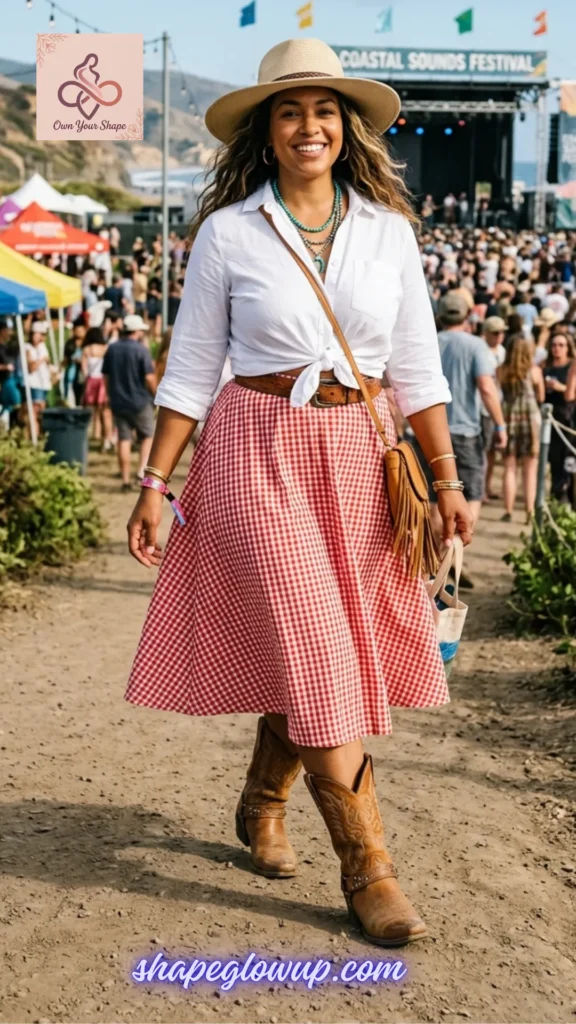 A woman walking at a festival in a white button-down shirt, red gingham skirt, and cowboy hat representing White & Effortless: 5 Key Pieces, 10 Fabulous 4th of July Looks.