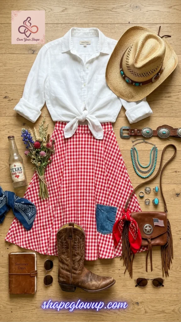 Western-style flat lay with a white linen shirt, red gingham skirt, and cowboy boots for White & Effortless: 5 Key Pieces, 10 Fabulous 4th of July Looks.