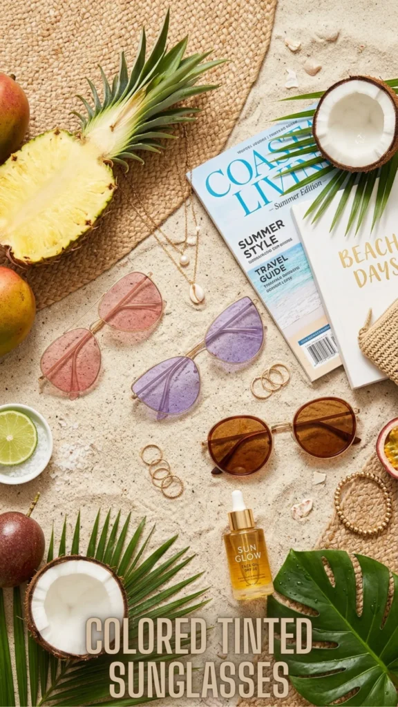 Pastel pink, purple, and brown colored tinted sunglasses on beach sand from the Upgrade Your Summer Style – 10 Best Summer Sunglasses 2026 fashion guide.