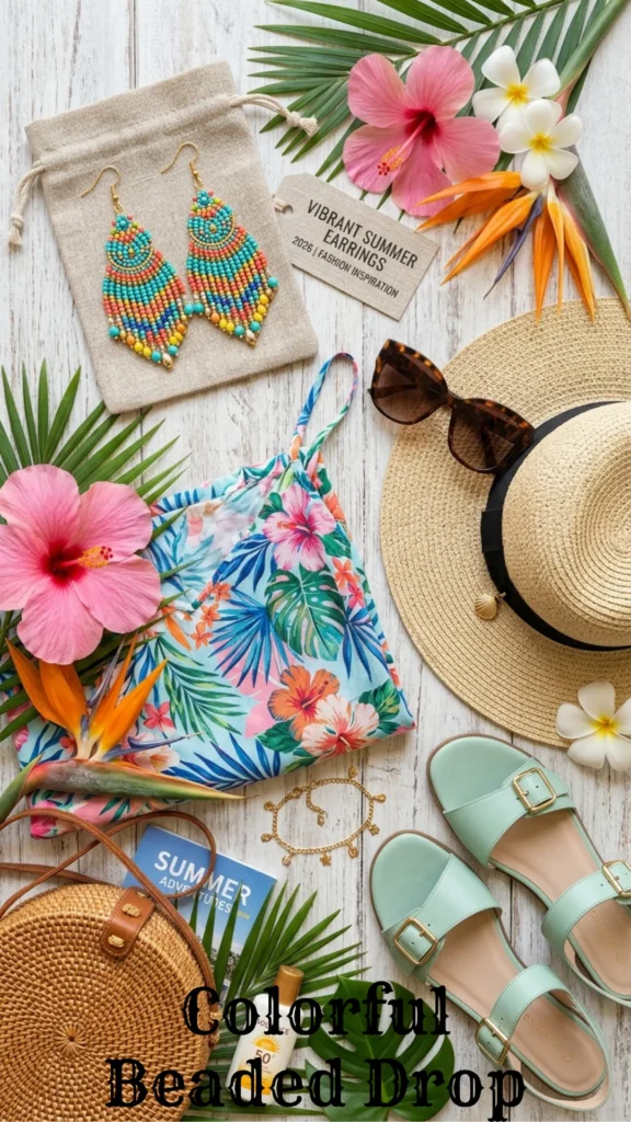 A vibrant tropical fashion layout highlighting colorful fringed jewelry from the 7 Summer Earrings 2026 That Will Instantly Upgrade Your Look guide.